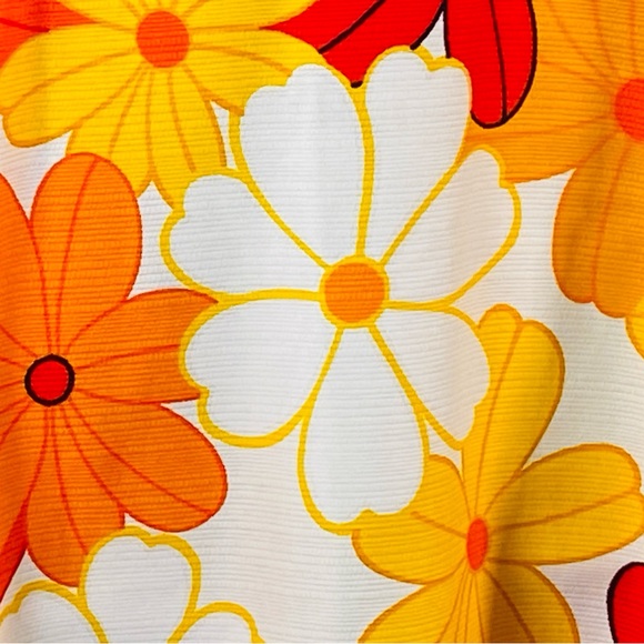 Vintage 70s Bright Floral Pique Cotton Dress Red Orange Yellow Skater Skirt M - Picture 4 of 6